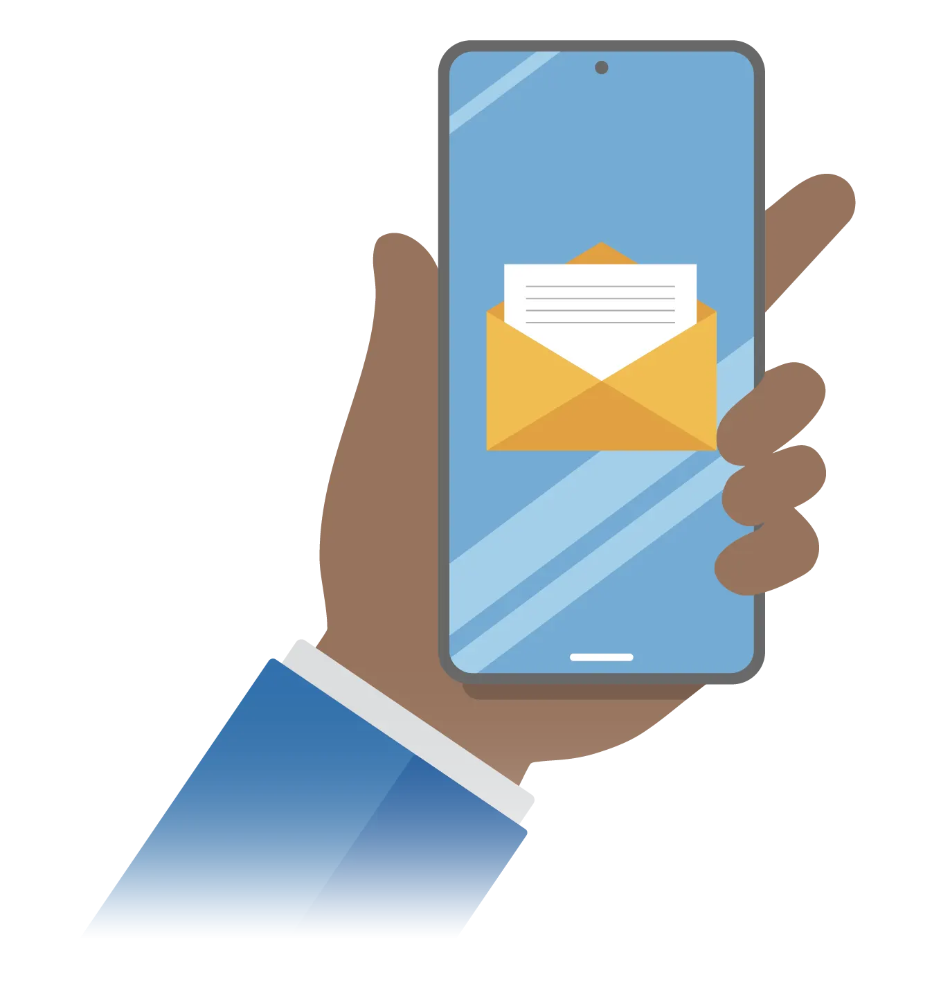 Illustration of a hand holding a phone showing an email notification