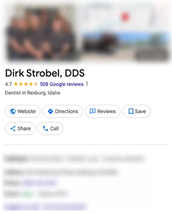 Google business profile for Dirk Strobel, DDS, a Rexburg dentist, showing a 4.7 star rating