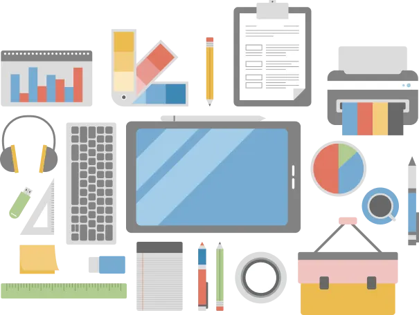 Illustration of design tools including a tablet, printer and colour charts
