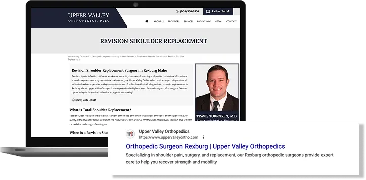 Laptop showing an Upper Valley Orthopedics page beside its Google search listing