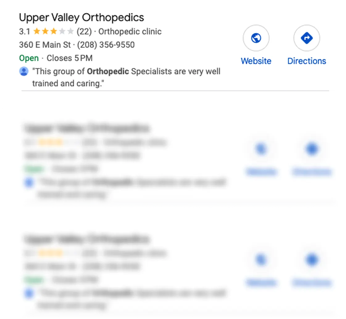 Google local listing for Upper Valley Orthopedics showing its address, hours and rating