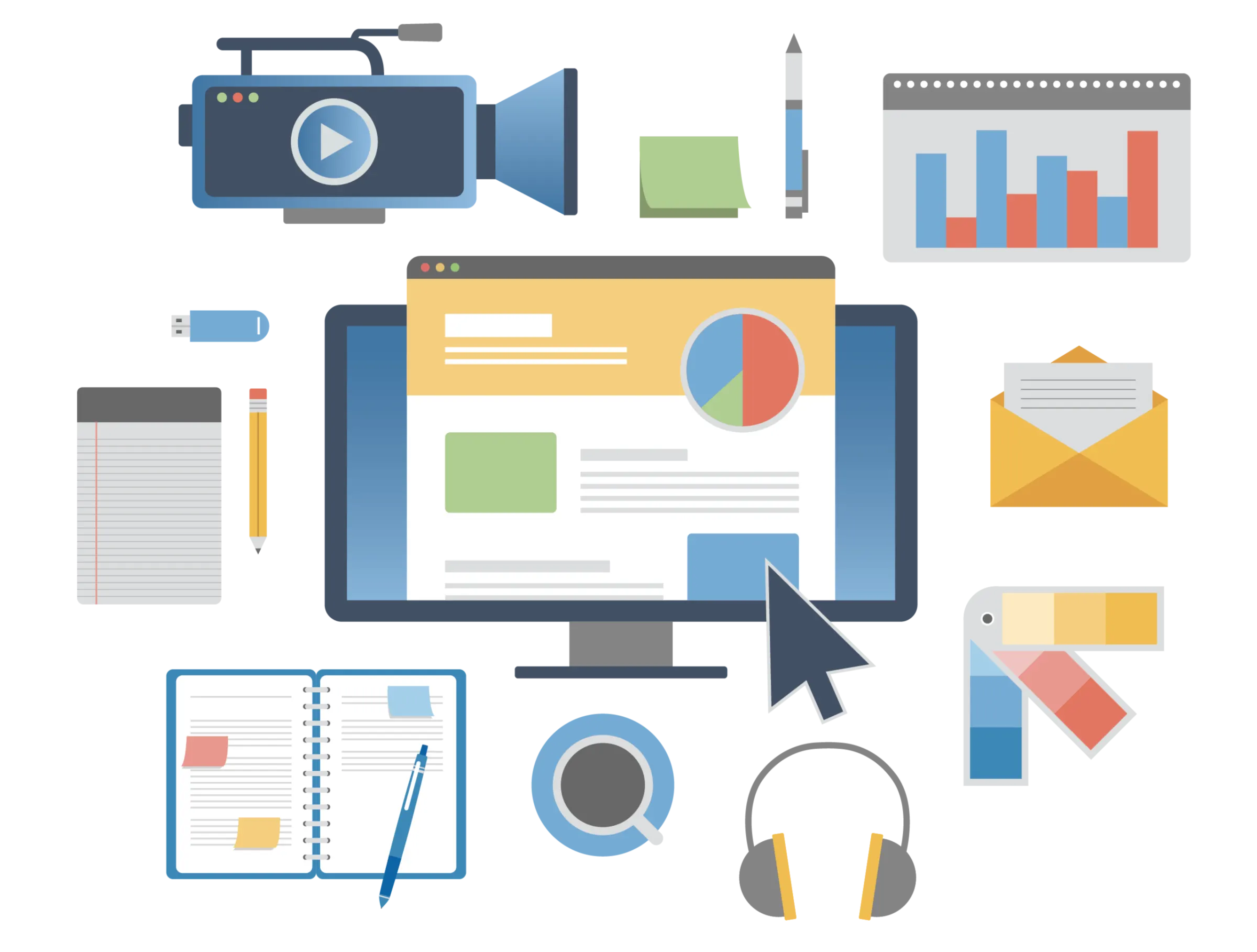 Illustration of marketing tools including video, charts and email around a website