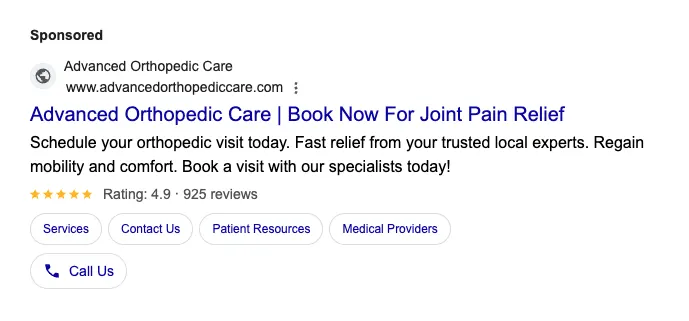 Google sponsored ad for Advanced Orthopedic Care with sitelinks and a call button