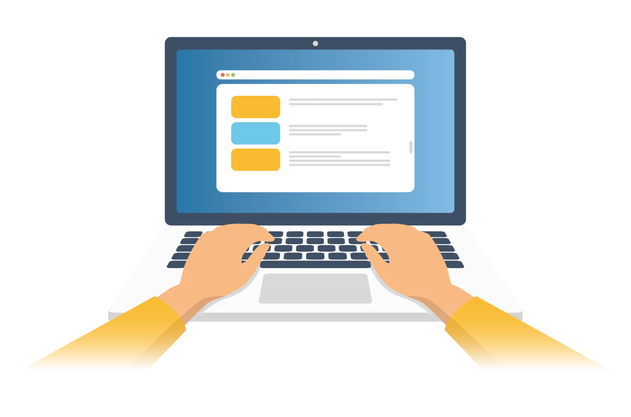 Illustration of hands typing on a laptop showing search results