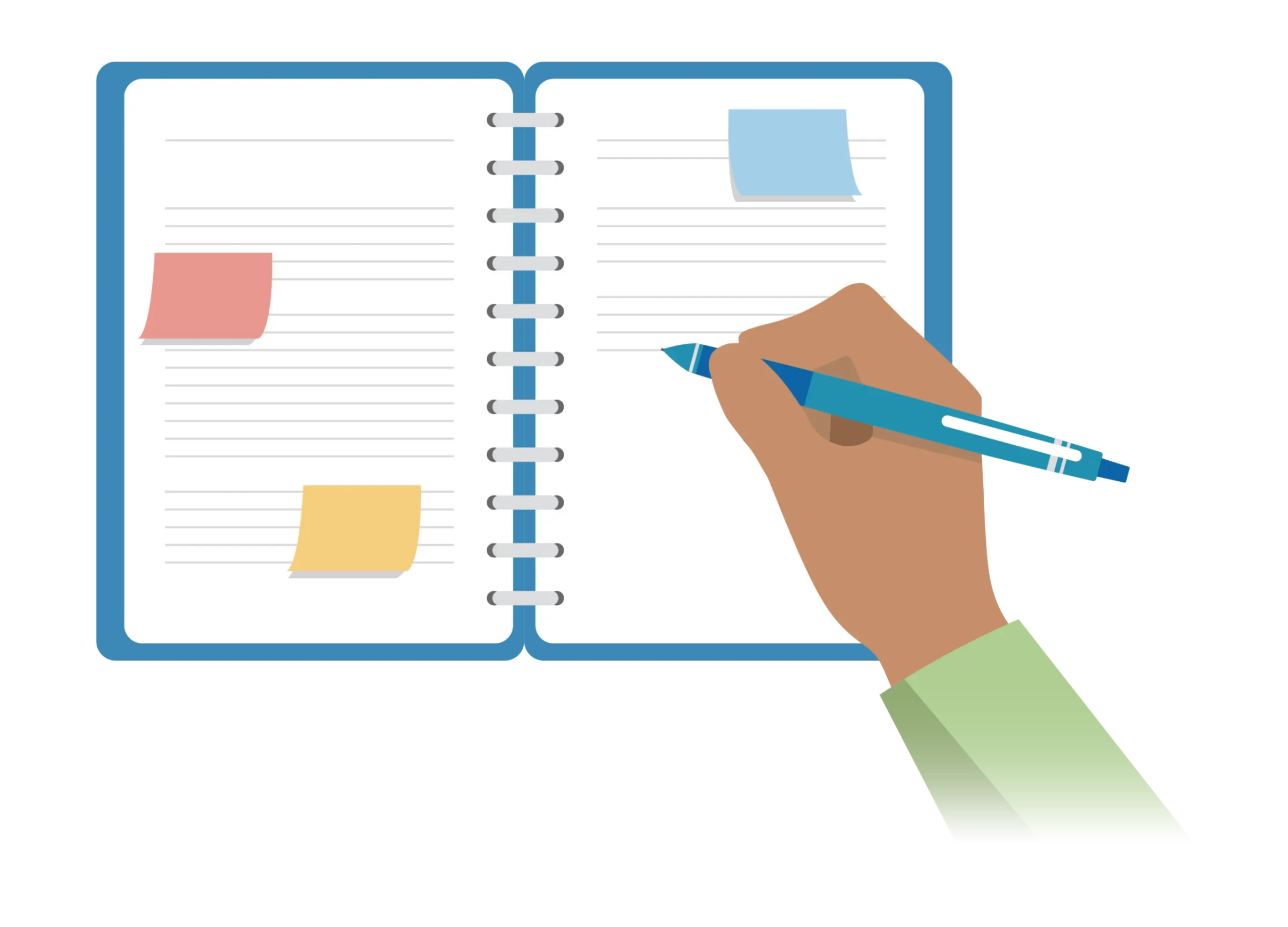 Illustration of a hand writing in an open notebook