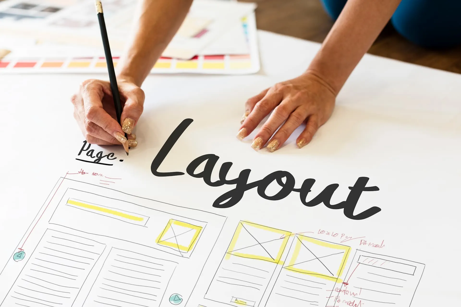 Designer sketching page layouts and wireframes on paper