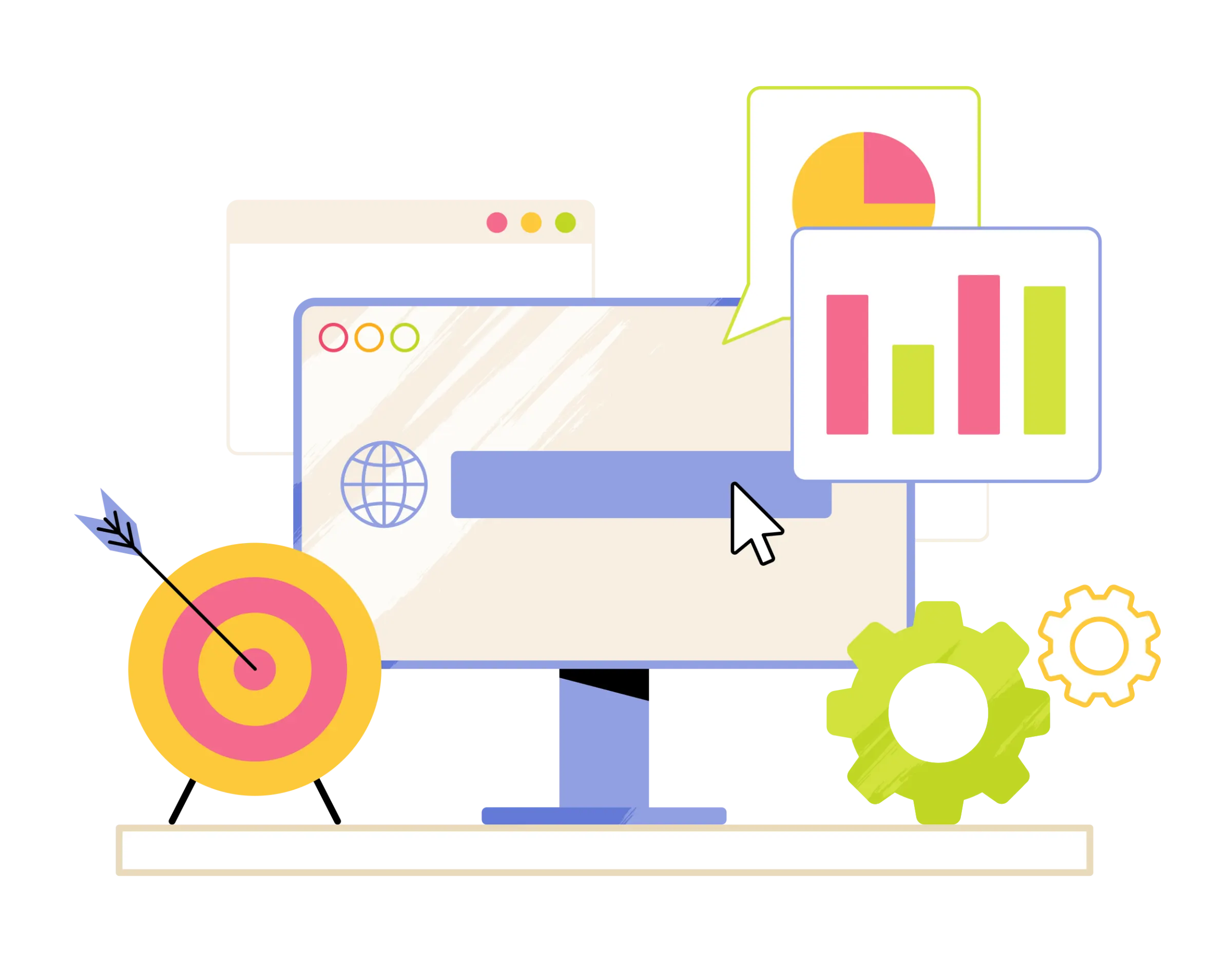Illustration of a website with charts, a target and gears representing SEO work