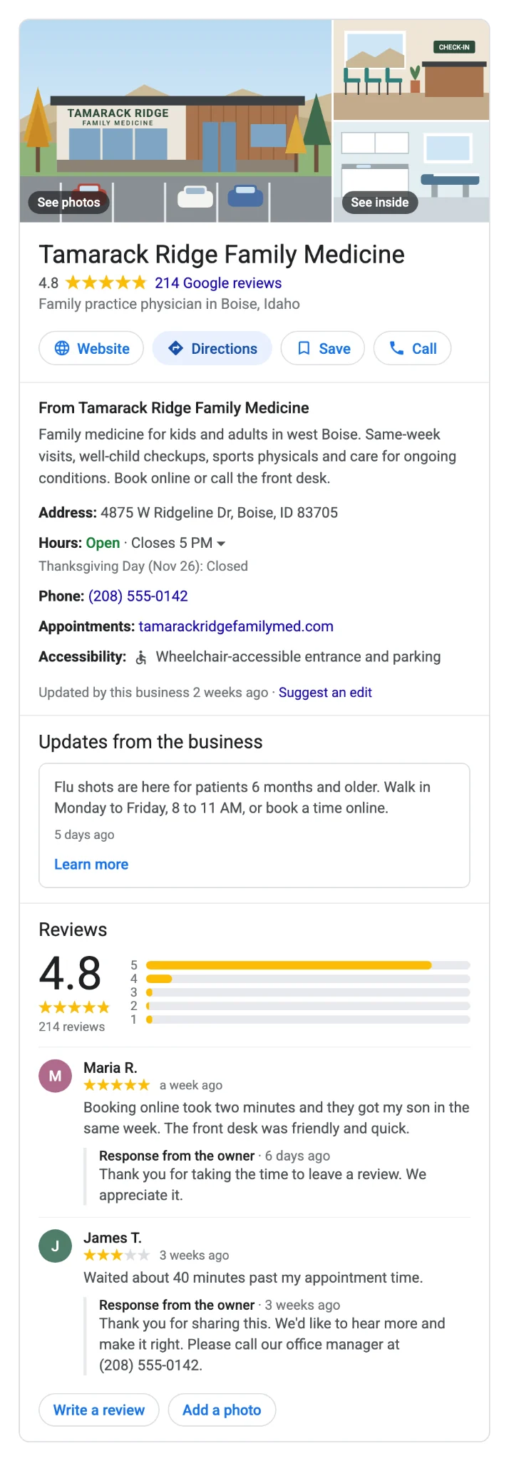 The same made-up practice with a complete profile: photos, 4.8 stars from 214 reviews, a description, hours including Thanksgiving, phone, booking link, accessibility details, a recent update and owner replies to reviews