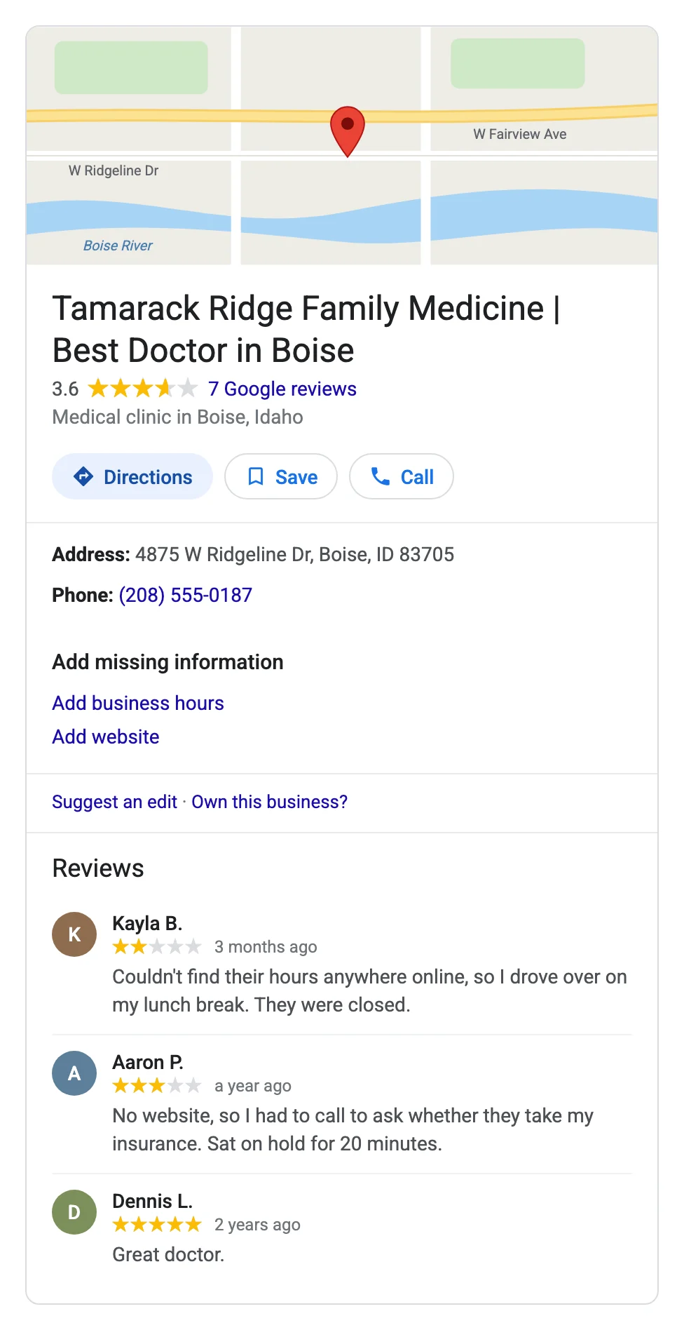 Example Google Business Profile for a made-up practice named Tamarack Ridge Family Medicine | Best Doctor in Boise: 3.6 stars from 7 reviews, no hours or website, and reviews from patients who could not find the hours or check their insurance